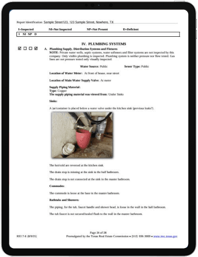Sample inspection report page covering plumbing systems findings